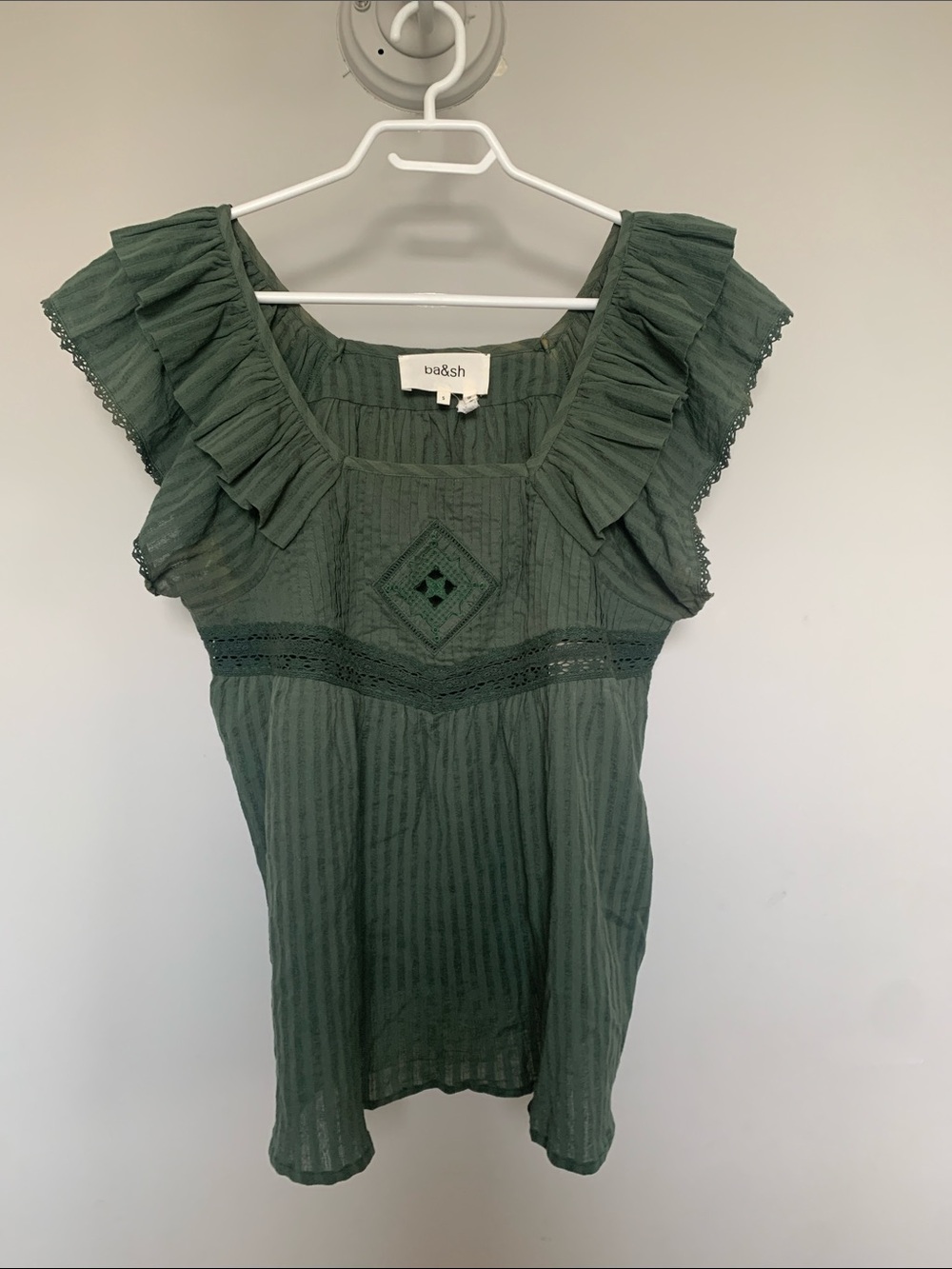ba&sh Olive Green Ruffle Sleeve Cotton Tunic Top